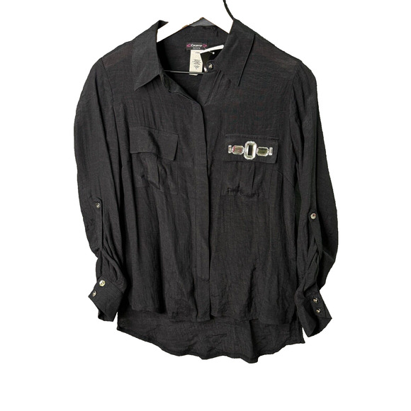 Cocomo Womens‎ Petite L Sheer Black Button-Up Shirt Rhinestone Long Sleeve - Picture 1 of 12